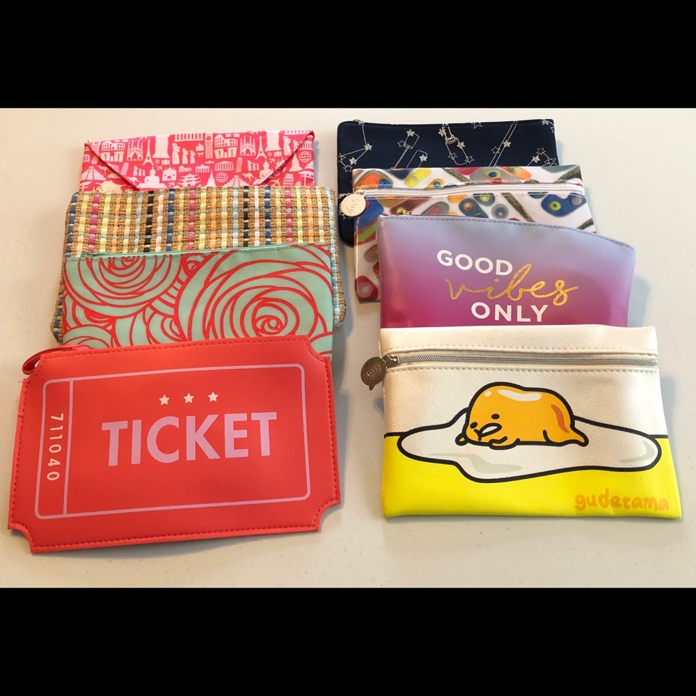 Lot of 8 new Ipsy bags and assorted cosmetics